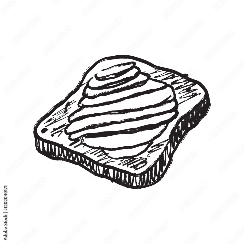Toasted bread with sliced avocado in black brush stroke texture isolated on white background. Hand drawn vector sketch illustration in vintage charcoal. Cafe menu, recipe design, lunch time