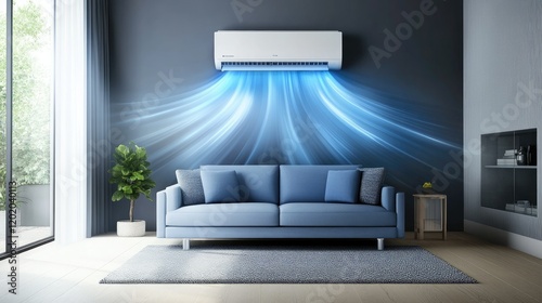 Modern air-conditioned living room with sleek furniture, vibrant natural light, and a focus on energy-saving features