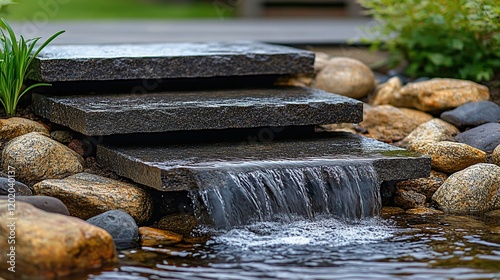 Stone steps waterfall in backyard pond with rock garden photo