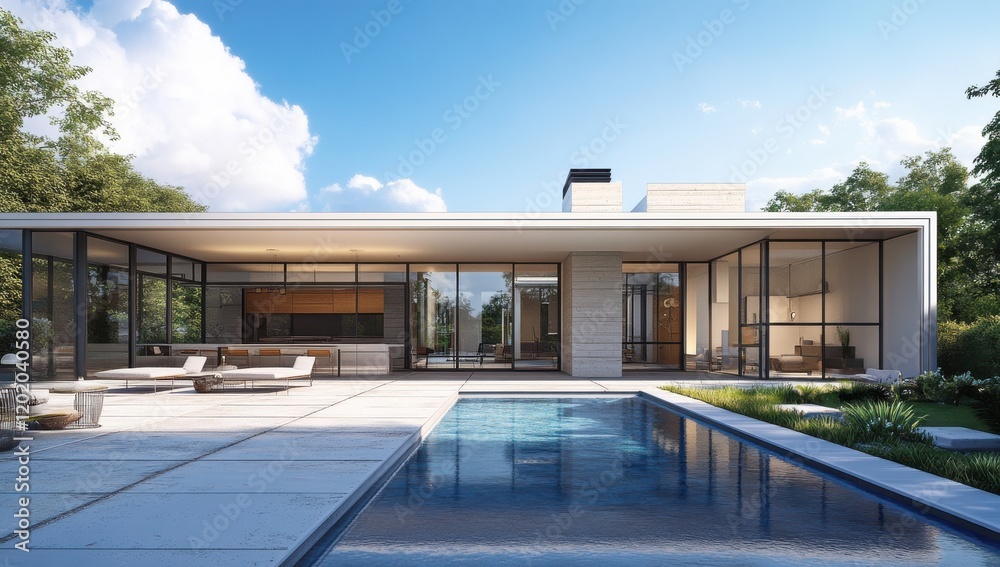 Fototapeta premium Modern minimalist house with large glass windows, tranquil swimming pool, lush green landscape, and bright blue sky ideal for contemporary architectural photography.