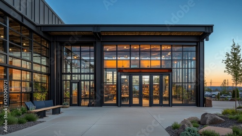 Wallpaper Mural Modern industrial building exterior with large window panels and bold steel doors, designed for urban functionality Torontodigital.ca