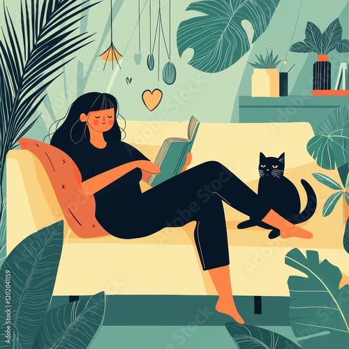 A beautiful white girl relaxes in a cozy home interior surrounded by plants, embodying the concepts of home and comfort.