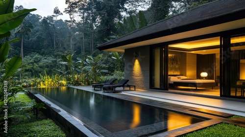 Neutral-toned villa surrounded by greenery, featuring a modern pool, open courtyard, and black aluminum window accents