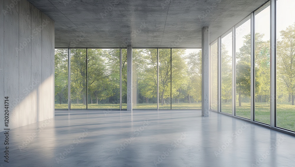 Fototapeta premium Modern Minimalist Interior Space with Large Windows Overlooking Lush Greenery for Contemporary Design and Architectural Inspiration