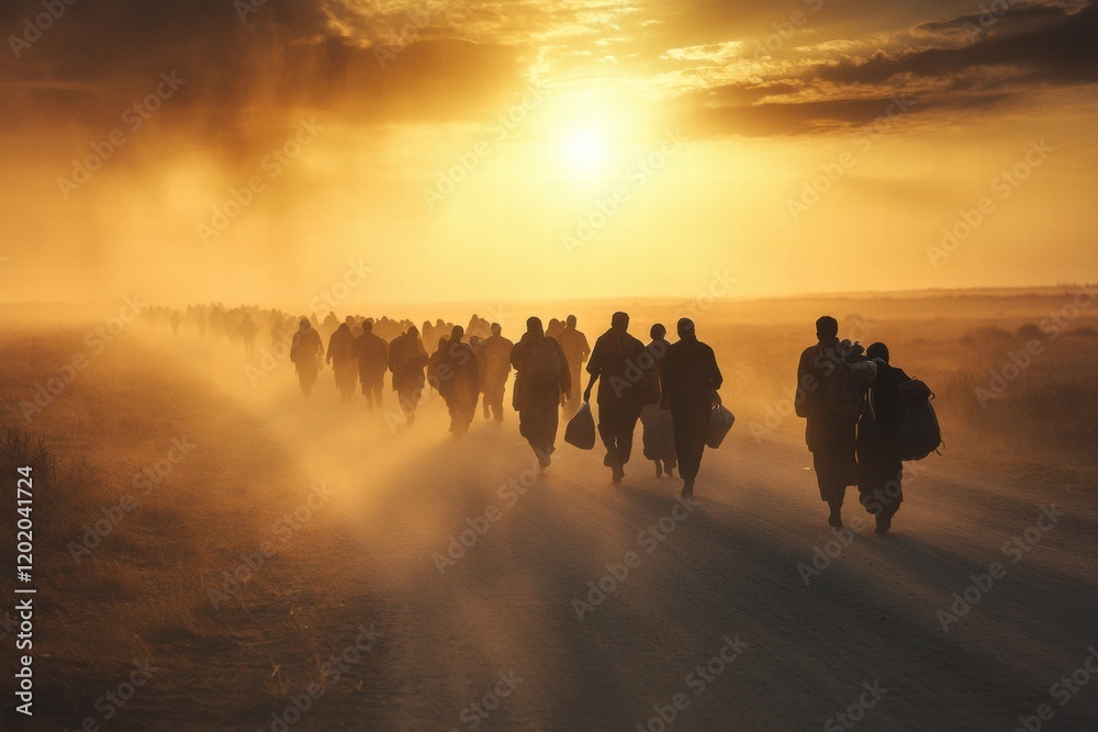 Group of migrants walking along a dusty road at sunset while carrying their belongings towards an uncertain future. Generative AI Group of migrants walking along a dusty road at sunset while carrying their belongings towards an uncertain future. Generative AI