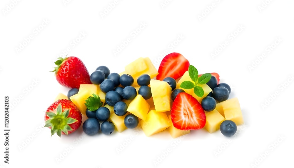 A vibrant arrangement of fresh fruits, featuring juicy strawberries, plump blueberries, and ripe pineapple chunks, beautifully displayed on a clean white background