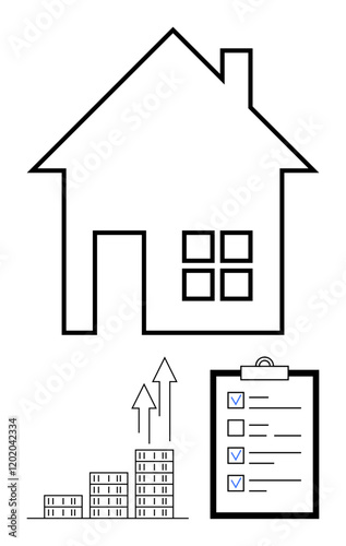 House outline, bar graph with arrows indicating growth, and checklist clipboard. Ideal for real estate, housing market trends, financial growth, planning, project management, investment and analysis