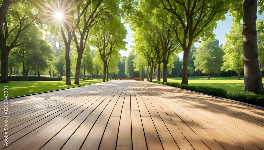 Fototapeta premium Sunlit Wooden Pathway in a Park
