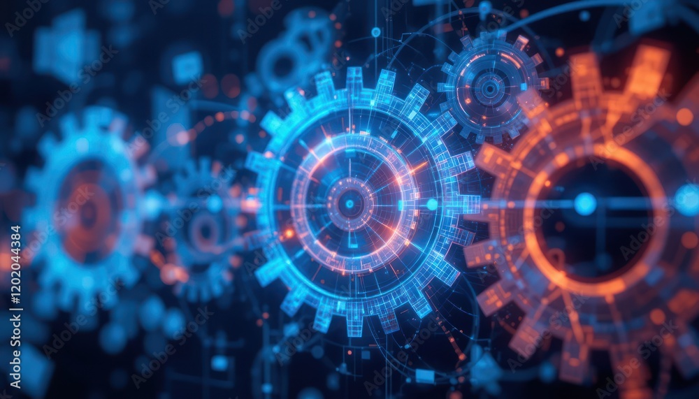 Fototapeta premium Futuristic gears meshing, digital network backdrop