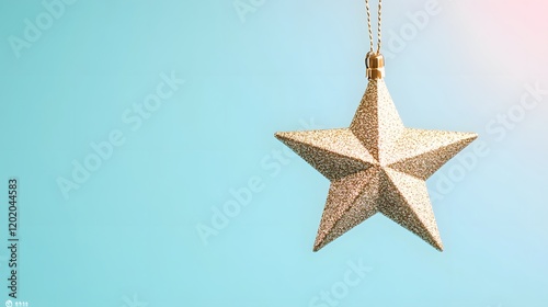 Hanging Golden Star Ornament on Soft Pastel Sky Backdrop,3D