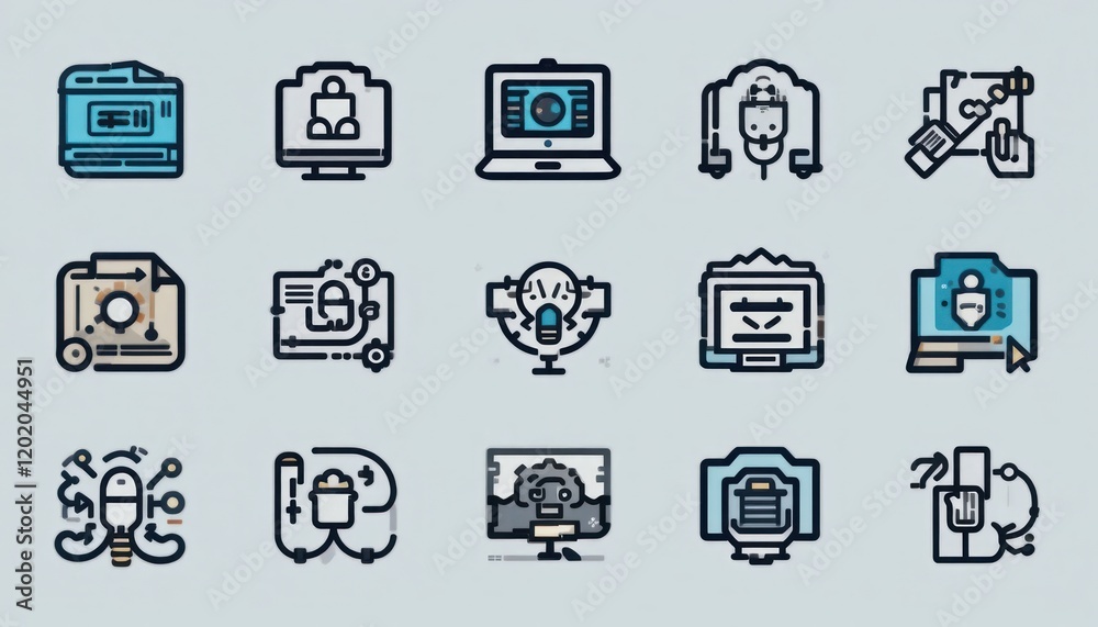 Digital workflow icons; design, software, process; grey background; website use Digital workflow icons; design, software, process; grey background; website use