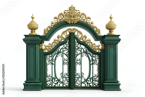 Elegant Green Gate with Gold Accents and Ornate Design