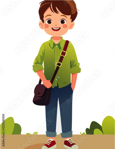 Smiling Boy in Green Shirt with a Crossbody Bag