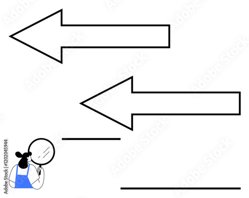Woman holding magnifying glass under two left-pointing arrows. Highlights exploration, decision-making, introspection, analysis, options, career planning, personal reflection. Abstract line flat
