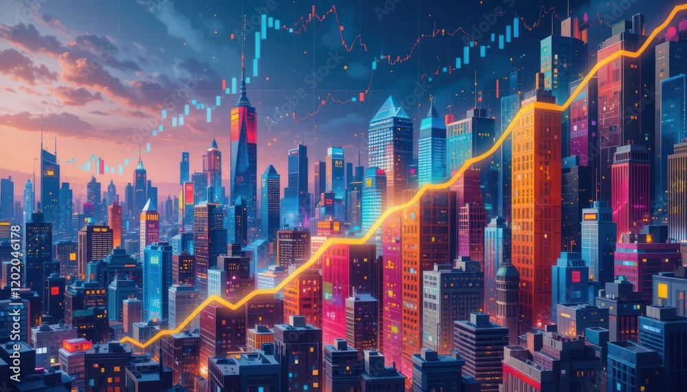 Fototapeta premium Cityscape Growth Rising Stock Market, Sunset