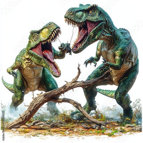 Two Dinosaurs Engaged in a Playful Encounter in a Prehistoric Landscape photo