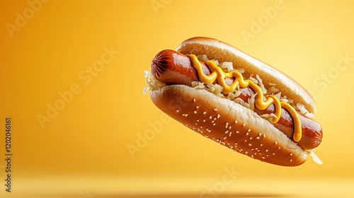 An appetizing hot dog topped with a swirl of mustard, floating against a cheerful yellow background that suggests a fun, relaxed atmosphere perfect for gatherings. photo