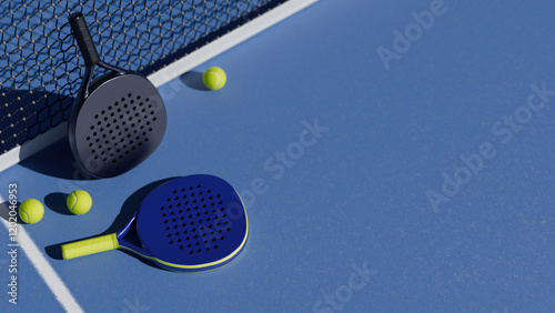 Equipment for a game of paddle tennis on a blue court with balls and rackets. 3d rendering