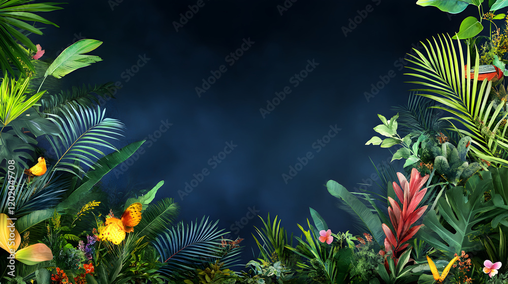 Lush tropical foliage with vibrant butterflies and colorful flowers creates serene atmosphere Lush tropical foliage with vibrant butterflies and colorful flowers creates serene atmosphere