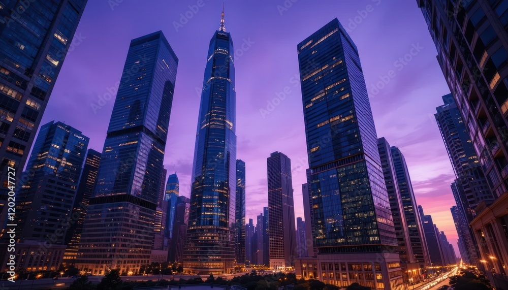 Fototapeta premium Cityscape twilight skyscrapers, urban sunset, business district, advertising