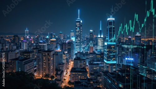 Night city skyline, financial growth chart overlay, stock market, urban development photo