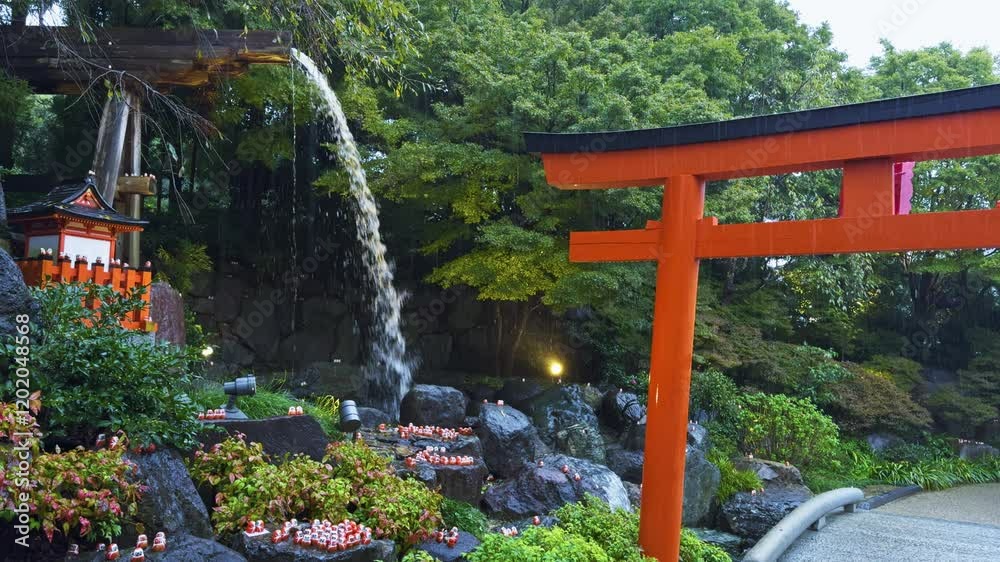 A peaceful Japanese shrine garden with a torii gate, waterfall, and serene greenery A peaceful Japanese shrine garden with a torii gate, waterfall, and serene greenery