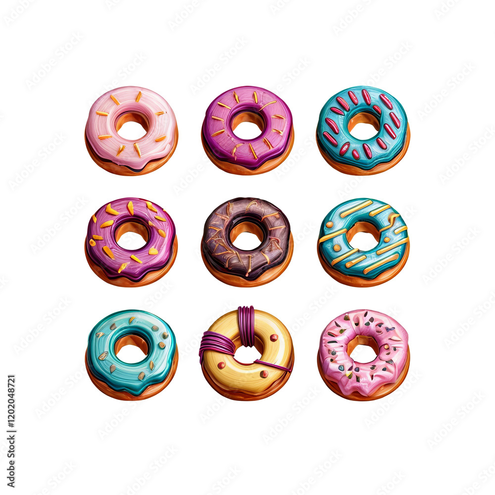 Fototapeta premium Donut Delight: Nine assorted donuts, each with unique and vibrant icing designs, arranged in a neat grid. A delightful collection perfect for bakery menus, sweet treat blogs, or fun food photography.