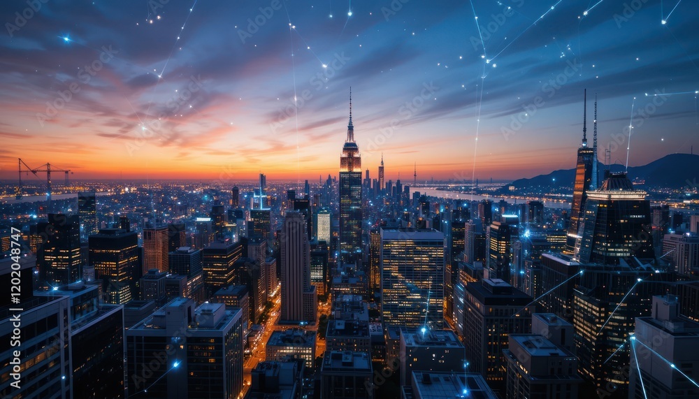 Obraz premium Cityscape Sunrise Network Connectivity