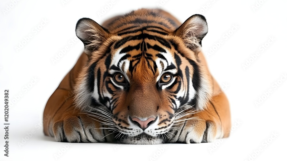 Fototapeta premium Majestic Bengal Tiger Crouching and Staring Intensely on White Background