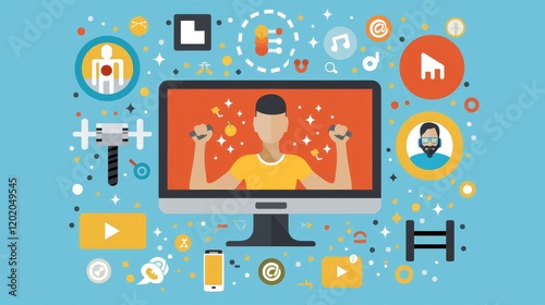 Illustration of a person exercising at a computer, surrounded by fitness and technology icons.