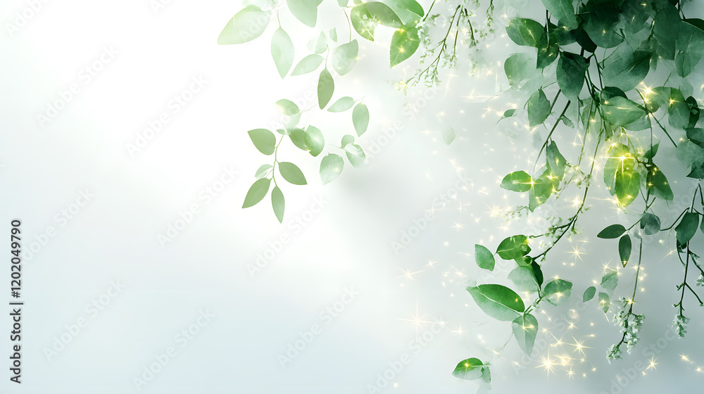 Fototapeta premium Lush green leaves with sparkling light create serene and enchanting atmosphere