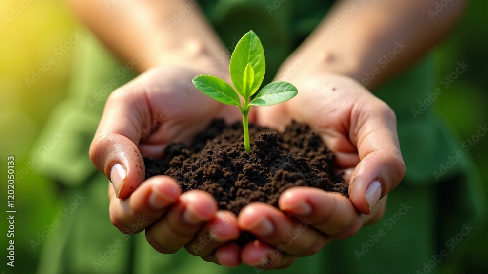 Hands cradle a young sapling in dark soil with sunlight in the background, symbolizing renewal, hope, and small actions for a greener future. Hands cradle a young sapling in dark soil with sunlight in the background, symbolizing renewal, hope, and small actions for a greener future.