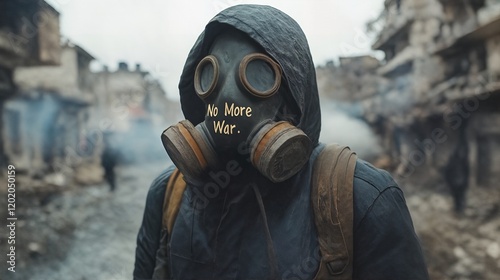 No More War: A Person Wearing a Gas Mask with the Slogan No More War on It Amidst a Desolate Urban Landscape. photo