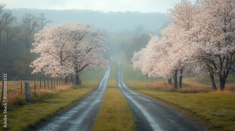 Misty country road lined with blooming trees in spring, creating a dreamy and serene atmosphere, perfect for tranquil escapes and nature lovers Misty country road lined with blooming trees in spring, creating a dreamy and serene atmosphere, perfect for tranquil escapes and nature lovers