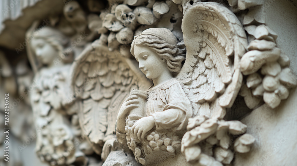 medieval cathedral facade’s detailed stone carvings, depicting religious figures, angels, and intricate floral patterns, medieval cathedral facade’s detailed stone carvings, depicting religious figures, angels, and intricate floral patterns,