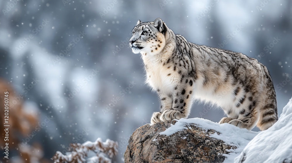 Snow leopard on snowy mountain peak, winter scene. Wildlife conservation poster Snow leopard on snowy mountain peak, winter scene. Wildlife conservation poster