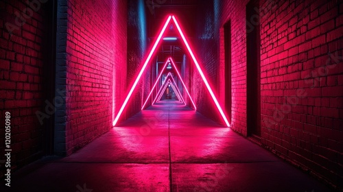 Pink neon triangle lights illuminate a brick corridor.