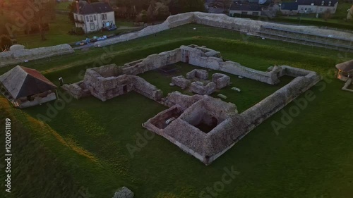 Panning panoramic drone movement about the Jublains ancient city archaeological site in sunset, France. photo