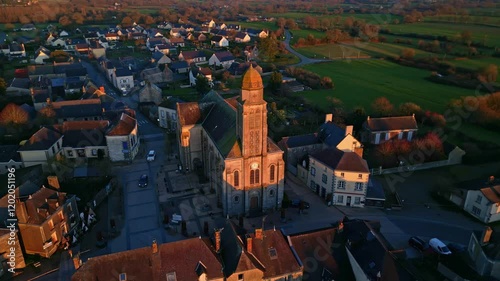 Sideways drone movement over the beautiful Jublains city with a tower of Saint-Gervais-et-Saint-Protais de Jublains, France. photo