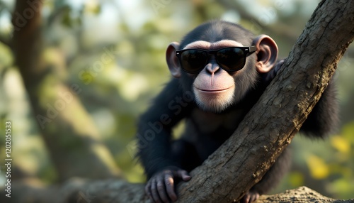 Cool Chimpanzee in Sunglasses: A Playful Jungle Portrait photo