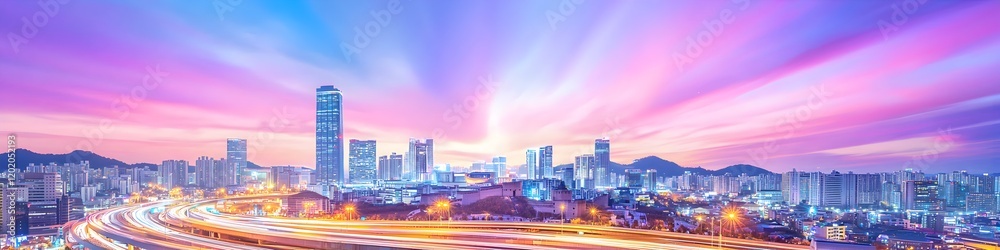 Fototapeta premium A city skyline with a purple sky in the background