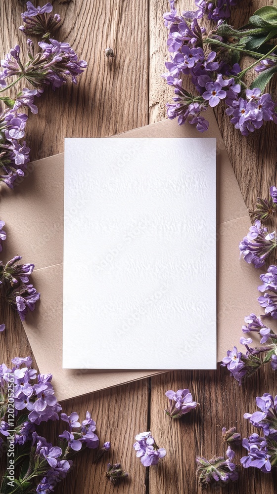 Obraz premium Blank White Card Mockup with Purple Flowers on Rustic Wooden Background