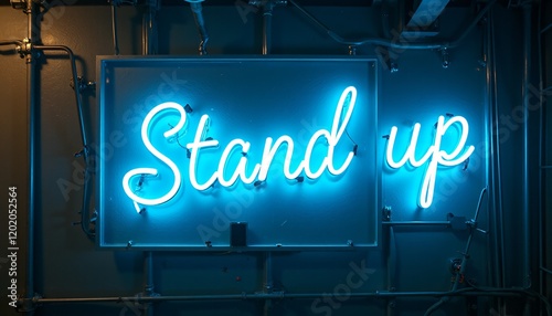 Blue neon Stand up sign on dark industrial wall