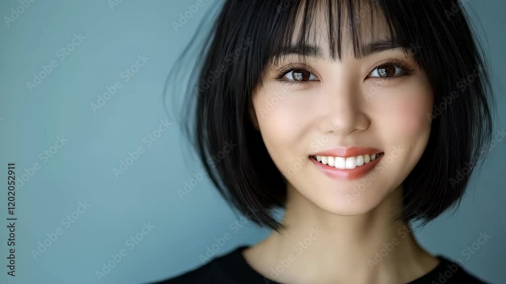 portrait of beautiful asian woman with makeup and hairstyle with bang over grey background portrait of beautiful asian woman with makeup and hairstyle with bang over grey background