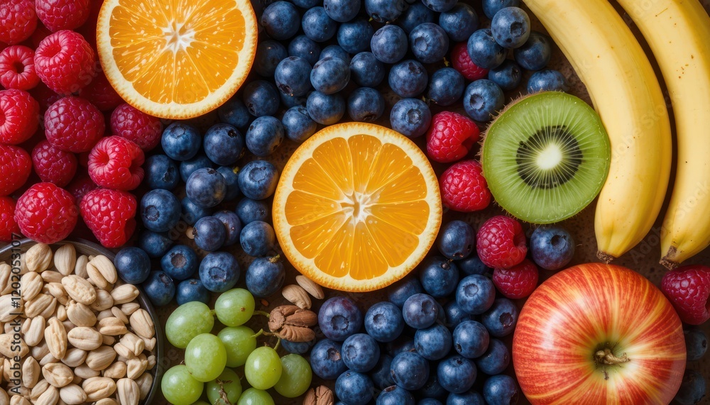 Colorful fruits and nuts on wooden surface Colorful fruits and nuts on wooden surface