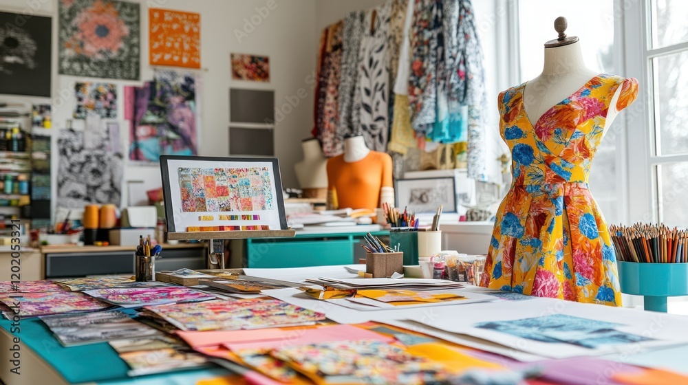 Fototapeta premium Designer's sunny studio, dress on mannequin, fabric swatches, artwork