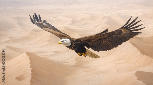 Bald Eagle Soaring Over Desert Landscape. photo