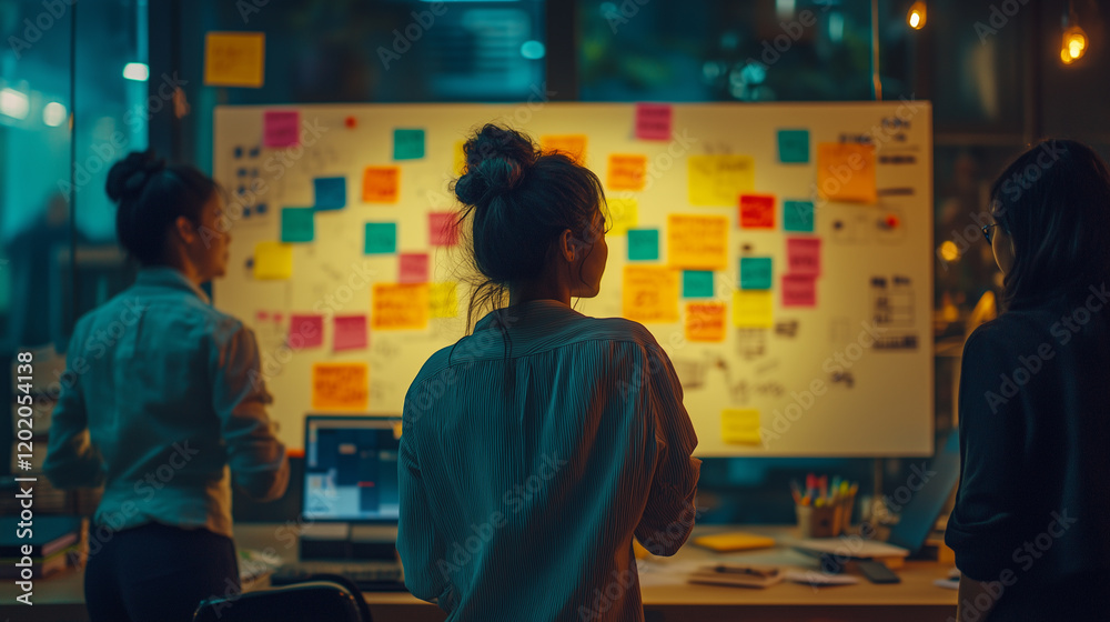 Diverse team brainstorming in a tech office with colorful sticky notes in the evening Diverse team brainstorming in a tech office with colorful sticky notes in the evening
