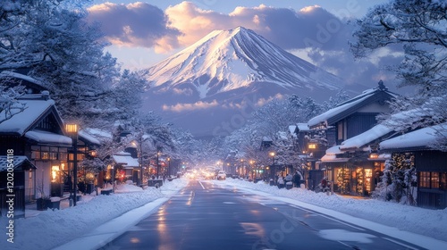 Snowy mountain village street sunrise, Japan. Winter travel postcard