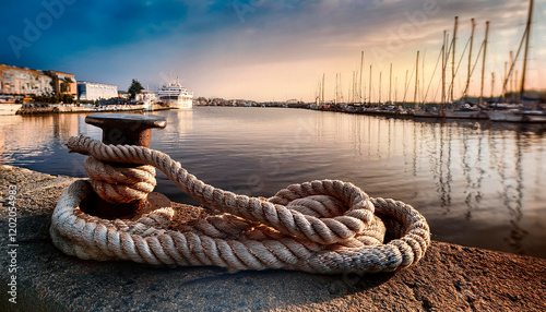 Close up of mooring rope on harbour wall at sunset showcasing serene marina and reflections on water photo